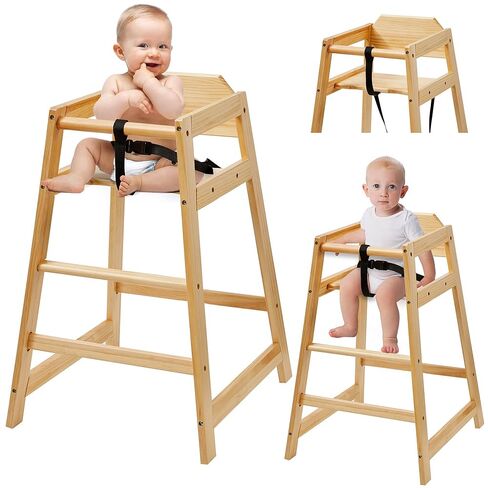 Wooden Baby High Chair, Neoflavie 4 Pcs Stack-able Solid Wood Feeding Seat with 3 Point Safety Harness and 4 Pcs Baby Bibs for Restaurant & Home Use - Natural in Kuwait