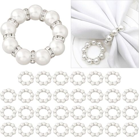 30Pcs Pearl Napkin Rings, Round Napkin Buckles Wedding Beaded White Napkin Rings Silver Napkin Ring Holder for Formal Dinner Reception Party Banquet Table Decor (Sliver) in Kuwait