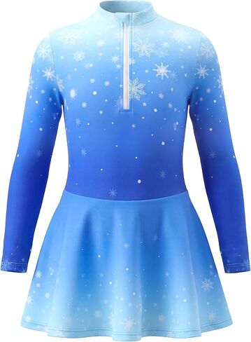 Wenlia Girls Ice Skating Dress Long Sleeve Gradient Snowflake Outfit Set with Hairband for Recreational Ice Skating, 4-14Y in Kuwait