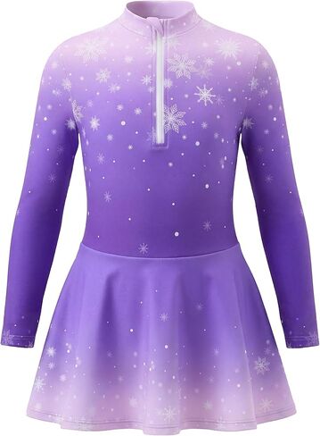 Wenlia Girls Ice Skating Dress Long Sleeve Gradient Snowflake Outfit Set with Hairband for Recreational Ice Skating, 4-14Y in Saudi Arabia