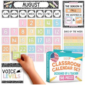 Devinal Designs Classroom Clendar Set Bulletin Decor - تقويم مدرسي للفصول الابتدائية ومرحلة ما قبل المدرسة ، ديكورات لوحة الإعلانات مع مخطط الطقس والمواسم ، يجب أن يكون المعلم الملون in Saudi Arabia
