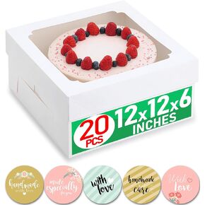 25pcs Cake Boxes 10x10x5 Inch with Window, 10 Inch White Bakery Boxes, Square Cardboard Large Pie Box, Package for Cookies, Donut, Birthday Party, Dessert, Wedding, Pastry Packaging (80 Pcs Stickers) in Saudi Arabia