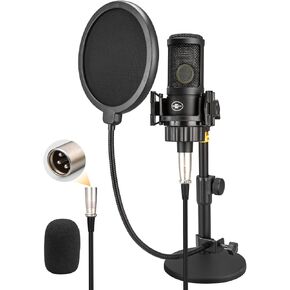 XLR Condenser Microphone with 26mm Large Diaphragm, Professional Cardioid Recording Studio Mic Kit with Metal Desktop Stand, Pop Filter for Streaming, Podcasting, Gaming, Voice-Over, Vocal, Youtube in Kuwait