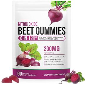 Beet Root Gummies 200mg - 8-in-1 Heart & Circulation Support Supplement - High Potency Beet Chews with Beetroot, Grape Seed, CoQ10, Vitamin C & B12 - Mixed Berry Flavor, Vegan, 90 Count in Saudi Arabia