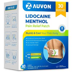 AUVON Max Strength Lidocaine OTC Pain Relief Patches (10 Count), 4% Lidocaine & 1% Menthol Penetrates for Fast, Targeted Relief of Back, Shoulder, Neck & Joint Pain, Adhesive Secure Patches Included in Kuwait