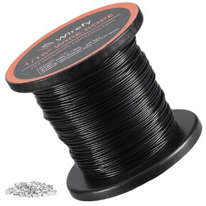 Wirefy Wire Rope - كابل من الفولاذ المقاوم للصدأ 1/16 بوصة 304 مطلي بـ PVC - حمل كسر عالي القوة 300 ميجا باسكال - 100 أكمام مجعدة - حبل غسيل لتزيين السياج - 328 قدمًا (100 متر) - أسود in Kuwait