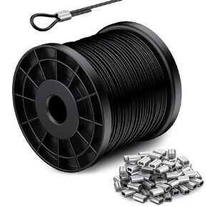 328FT 304 كابل سلك حبل من الفولاذ المقاوم للصدأ، مطلي بالفينيل الأسود، 150 قطعة 1/16 بوصة أكمام دائرية من الألومنيوم لكابل الإضاءة وخطوط الغسيل والتعريشة in Kuwait