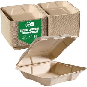 Turbo Bee 100 Pack 8x8inch White Compostable Take Out Containers with Lids, Disposable Clamshell Food Containers, Large To Go Boxes for Restaurant, Catering, Meal Prep & Food Service in Kuwait