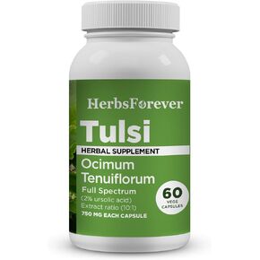 HerbsForever Tulsi (Holy Basil)-Extra Strength (10:1)Extract, Equiv.to 2250mg Leaves Powder Per Serving- Supports Immunity,Respiratory & Stress Relief|Antioxidant|2%Ursolic Acid|60Veg Capsules|750mg in Kuwait