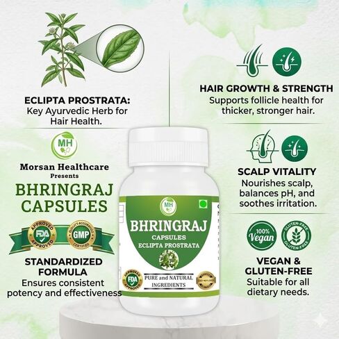 كبسولات بهرينجراج | ملحق عشبة الأيورفيدا إكليبتا ألبا | شعر | الجلد والعافية | نباتي 100% | 500 مجم لكل جرعة | 60 كبسولة نباتية (عبوة من 1) in Kuwait