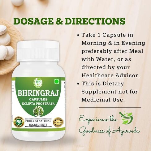 كبسولات بهرينجراج | ملحق عشبة الأيورفيدا إكليبتا ألبا | شعر | الجلد والعافية | نباتي 100% | 500 مجم لكل جرعة | 60 كبسولة نباتية (عبوة من 1) in Kuwait