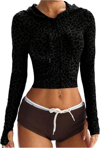 Floerns Women's Y2k Cheetah Hoodie Zip Up Leopard Going Out Running Jacket Coat in Saudi Arabia