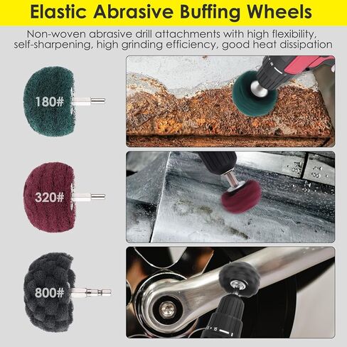 HighFree 6PCS Non Woven Abrasive Buffing Polishing Wheel Drill Attachment Set, 1/4" Shank Scouring Pads Power Scrubber Cleaning Kit for Rust Removal and Polishing, Green 180#, Red 320#, Gray 800# in Kuwait