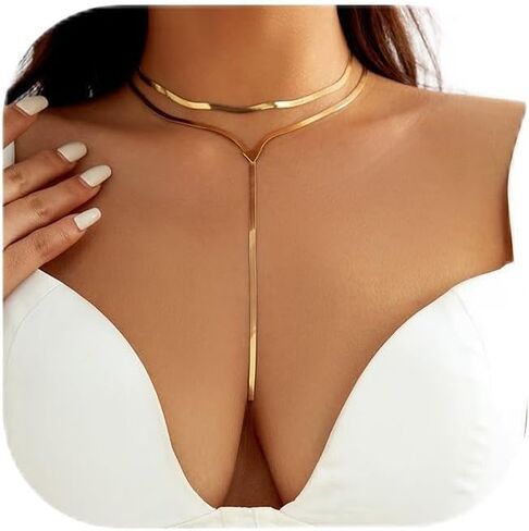 Gold Layered Choker Necklace for Women,Trendy Long Layered Y Shaped Necklace Trendy Triangle Pendant Long Thick Snake Bone Chain Statement Necklace Delicate Jewelry in Kuwait