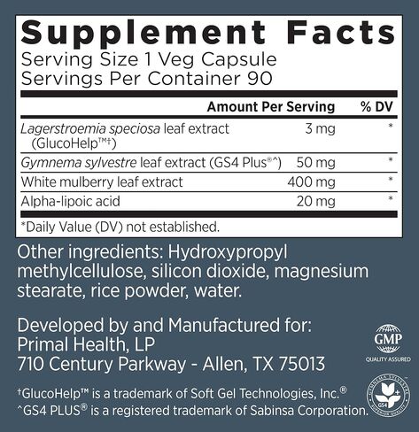 مكمل دعم جلوكو بيرن من Primal Labs مع مستخلص أوراق التوت الأبيض وحمض ألفا ليبويك، 90 كبسولة نباتية in Kuwait