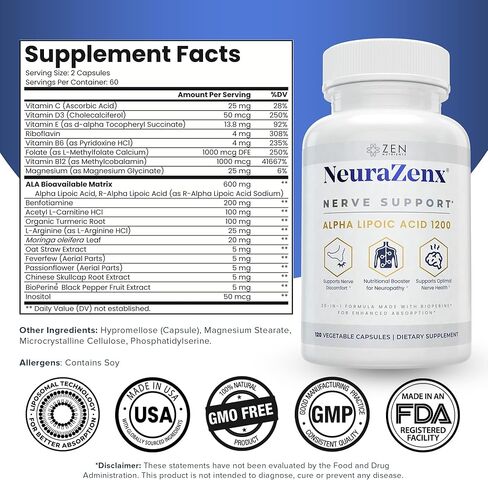 Zen Nutrients 1200 ملغ من حمض ألفا ليبويك R Matrix + Benfotiamine + B المركب لدعم الأعصاب - مكمل دعم الاعتلال العصبي NeuraZenX مع L-Carnitine والكركم (120 كبسولة) in Kuwait