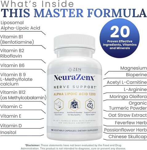 Zen Nutrients 1200 ملغ من حمض ألفا ليبويك R Matrix + Benfotiamine + B المركب لدعم الأعصاب - مكمل دعم الاعتلال العصبي NeuraZenX مع L-Carnitine والكركم (120 كبسولة) in Kuwait
