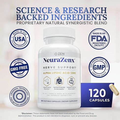 Zen Nutrients 1200 ملغ من حمض ألفا ليبويك R Matrix + Benfotiamine + B المركب لدعم الأعصاب - مكمل دعم الاعتلال العصبي NeuraZenX مع L-Carnitine والكركم (120 كبسولة) in Kuwait