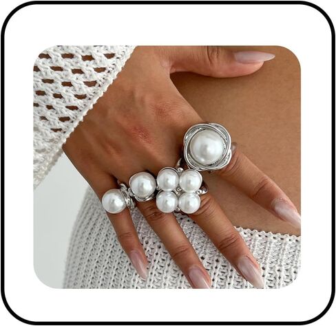 Chunky Gold Pearl Ring Set for Women Stackable Knuckle Rings Minimalist Statement Ring Set Adjustable Baroque Pearl Ring Sets Bridal Party Wedding Accessories in Kuwait