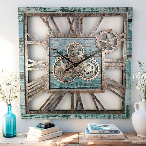 The Gears Clock 24'' Inch Square Real Moving Gear Wall Clock Vintage Industrial Oversized Rustic Farmhouse (Carbon Grey) in Kuwait