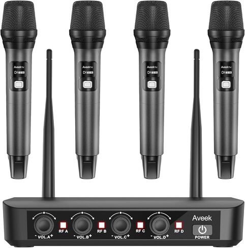 نظام ميكروفون لاسلكي Aveek مع 4 ميكروفونات ديناميكية محمولة، نطاق طويل 262 قدمًا، بطارية 40 ساعة، صوت استوديو منخفض الكمون للكاريوكي، والغناء، والكلام، والكنيسة، والمسرح، والزفاف، والدي جي والمناسبات in Kuwait