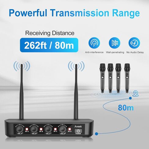 نظام ميكروفون لاسلكي Aveek مع 4 ميكروفونات ديناميكية محمولة، نطاق طويل 262 قدمًا، بطارية 40 ساعة، صوت استوديو منخفض الكمون للكاريوكي، والغناء، والكلام، والكنيسة، والمسرح، والزفاف، والدي جي والمناسبات in Kuwait