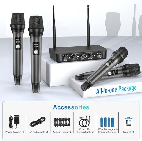 نظام ميكروفون لاسلكي Aveek مع 4 ميكروفونات ديناميكية محمولة، نطاق طويل 262 قدمًا، بطارية 40 ساعة، صوت استوديو منخفض الكمون للكاريوكي، والغناء، والكلام، والكنيسة، والمسرح، والزفاف، والدي جي والمناسبات in Kuwait