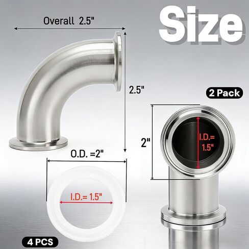 2 Pack 1.5" Tube ID Sanitary Ferrule Elbow, 90 Degree Elbow with 4 Silicone Gaskets, 304 Stainless Steel Sanitary Pipe Fitting, Tri Clamp Fitting Ferrule OD 2"/50 mm for Plumbing, Easy Install in Kuwait