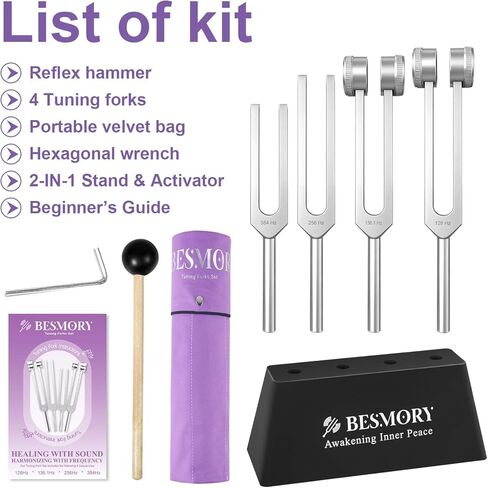 شوكة ضبط للشفاء (128 هرتز، 136 هرتز، 256 هرتز، 384 هرتز)، أدوات شفاء الصوت مع مطرقة ومنشط حامل، شوكة ضبط للتأمل واليوجا وموازنة الشاكرا والاسترخاء العميق in Kuwait