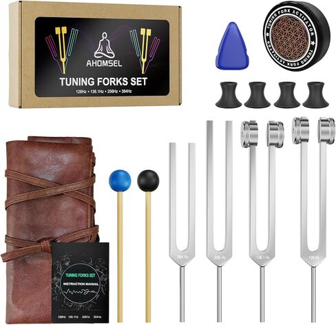Tuning Forks for Healing Set - 128Hz, 136.1Hz, 256Hz, 384Hz, Weighted & Unweighted, Tuning Fork with Hockey Puck Activator & feet, Sound Therapy Chakra Balance for Yoga & Meditation in Leather Pouch in Saudi Arabia