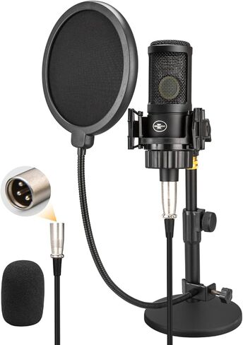 XLR Condenser Microphone with 26mm Large Diaphragm, Professional Cardioid Recording Studio Mic Kit with Metal Desktop Stand, Pop Filter for Streaming, Podcasting, Gaming, Voice-Over, Vocal, Youtube in Kuwait