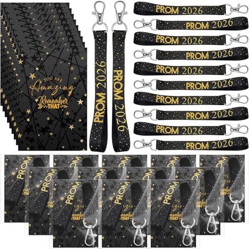 24 مجموعة PROM 2025 حفل التخرج تفضل PROM LANYARD CHEAIN CHAINDER CLASS OF 2025 KEYCAIN مع أكياس البطاقات للكلية (أسود) in Kuwait
