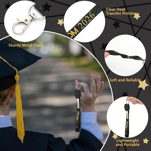 24 مجموعة PROM 2025 حفل التخرج تفضل PROM LANYARD CHEAIN CHAINDER CLASS OF 2025 KEYCAIN مع أكياس البطاقات للكلية (أسود) in Kuwait