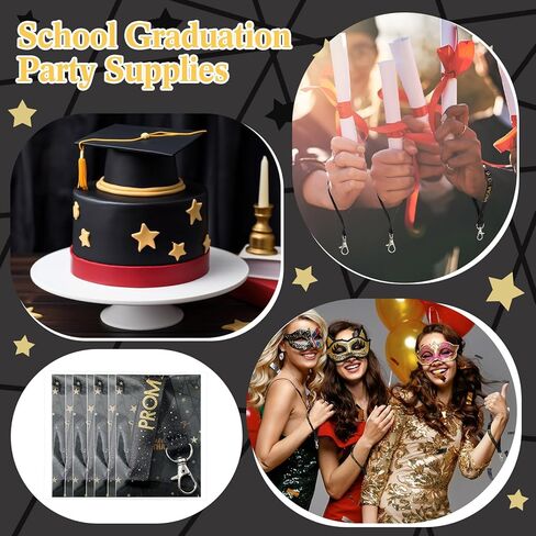 24 مجموعة PROM 2025 حفل التخرج تفضل PROM LANYARD CHEAIN CHAINDER CLASS OF 2025 KEYCAIN مع أكياس البطاقات للكلية (أسود) in Kuwait