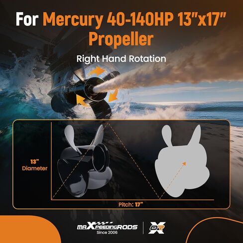 maxpeedingrods 4 شفرات 13 × 17 مروحة قارب من الألومنيوم لمحركات الزئبق 40 50 60 65 70 75 80 90 100 115 125 140HP 15 أسنان خددية، RH، الأجزاء رقم # 48-8M8026590 in Kuwait