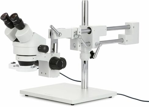 AmScope SM-4BX-FRL Professional Binocular Stereo Zoom Microscope, WH10x Eyepieces, 3.5X-45X Magnification, 0.7X-4.5X Zoom Objective, 8W Fluorescent Ring Light, Double-Arm Boom Stand, 110V-120V, Includes 0.5x Barlow Lens in Kuwait
