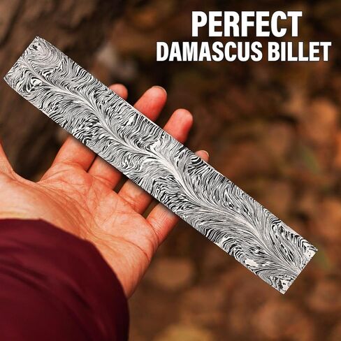 Nesmo 521 Damascus Steel Blank Billet Snack Feather Patern Bar Stock for knife making Hand Forged 12 Inches, Gray in Saudi Arabia