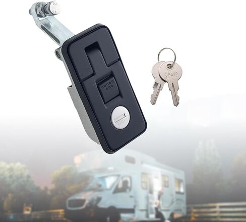 قفل مزلاج ضغط، سبيكة زنك مع 2 مفتاح مزلاج تثبيت على الزناد، مزلاج رافعة دافق للشاحنة، البحرية، عربة سكن متنقلة، صندوق تخزين، أسود، 8.5 سم × 4 سم in Kuwait