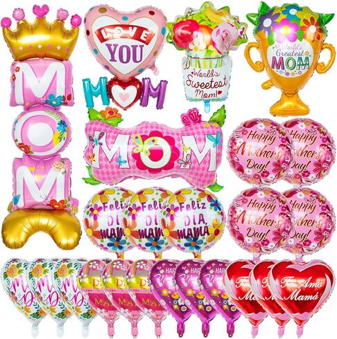 24 Pcs Mothers Day Balloons, Happy Mother's Day Mylar Balloon, Feliz Dia Mama Foil Balloons for Best Mom Ever Mom Party Birthday Decorations Supplies in Saudi Arabia