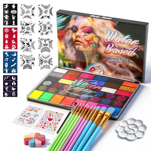 Kids Face Painting Kit - 42 Vibrant Colors, 200 Glitter Gems & 40 Stencils & Brushes & Sponges | Gentle Water-Activated Face Paint Makeup Set for Halloween, Birthdays, Parties | Easy to Wash in Kuwait