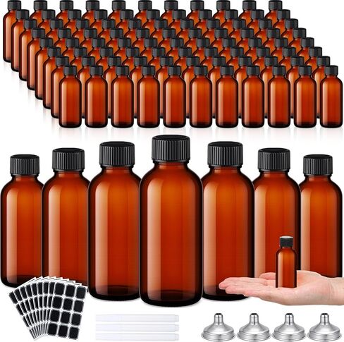 Hsei 100 Pcs 1.7 oz Amber Glass Boston Round Bottles with Black Cap Brown Sample Bottle Small Glass Containers with Lids and Funnel Chalk Labels Pen for Vanilla Extract Essential Oils in Saudi Arabia