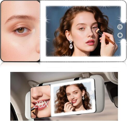 Car Sun Visor Vanity Mirror with Lights & 20X Magnification, Led Light up Makeup Mirror for Sun Visor, Rechargeable 3 Colors Dimming Light, Universal Accessories for Car SUV Truck in Saudi Arabia