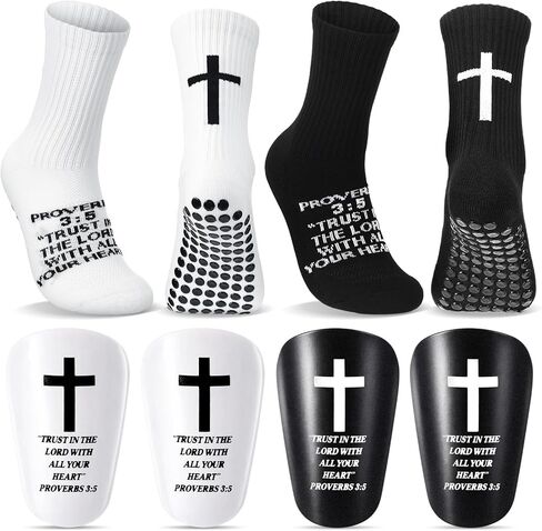 Cuffbow 2 Sets Mini Christian Soccer Shin Guards and Cross Grip Socks Christian Small Shin Guards Grip Cross Soccer Socks with Bible Verse Religious Sports for Football Baseball in Saudi Arabia