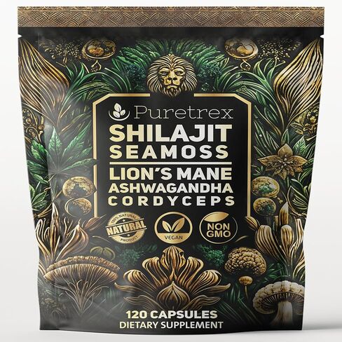 مجمع فطر عرف الأسد مع طحالب البحر والأشواغاندا والكورديسيبس + شيلاجيت - 120 كبسولة نباتية للطاقة والتركيز ودعم التكيف in Kuwait