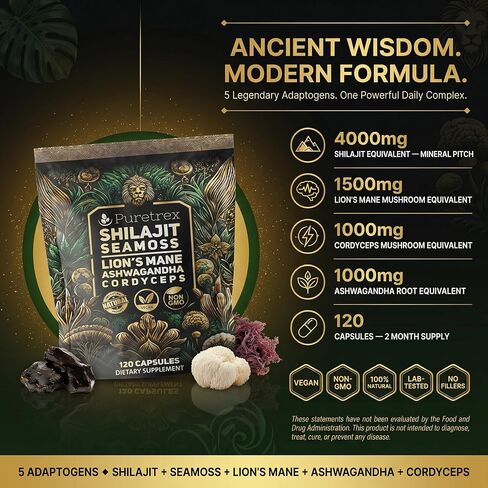 مجمع فطر عرف الأسد مع طحالب البحر والأشواغاندا والكورديسيبس + شيلاجيت - 120 كبسولة نباتية للطاقة والتركيز ودعم التكيف in Kuwait