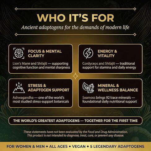 مجمع فطر عرف الأسد مع طحالب البحر والأشواغاندا والكورديسيبس + شيلاجيت - 120 كبسولة نباتية للطاقة والتركيز ودعم التكيف in Kuwait