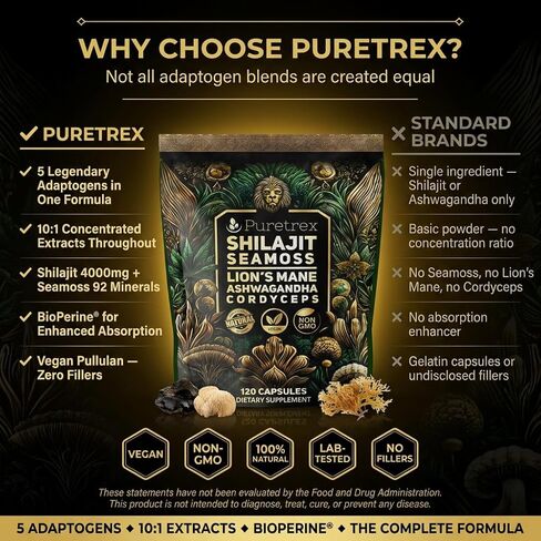 مجمع فطر عرف الأسد مع طحالب البحر والأشواغاندا والكورديسيبس + شيلاجيت - 120 كبسولة نباتية للطاقة والتركيز ودعم التكيف in Kuwait