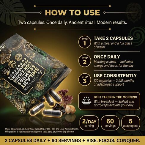 مجمع فطر عرف الأسد مع طحالب البحر والأشواغاندا والكورديسيبس + شيلاجيت - 120 كبسولة نباتية للطاقة والتركيز ودعم التكيف in Kuwait