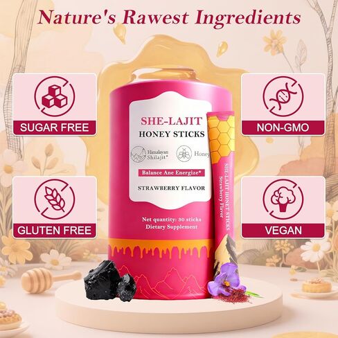 Shilajit Honey Sticks for Women with Shatavari & Saffron, Natural Energy & Vitality Booster, Strawberry Shilajit Honeysticks for Hormonal Balance, Focus & Stamina, 30 Sticks in Saudi Arabia