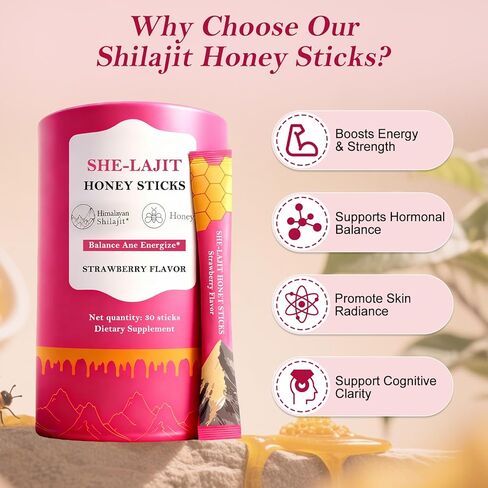 Shilajit Honey Sticks for Women with Shatavari & Saffron, Natural Energy & Vitality Booster, Strawberry Shilajit Honeysticks for Hormonal Balance, Focus & Stamina, 30 Sticks in Saudi Arabia